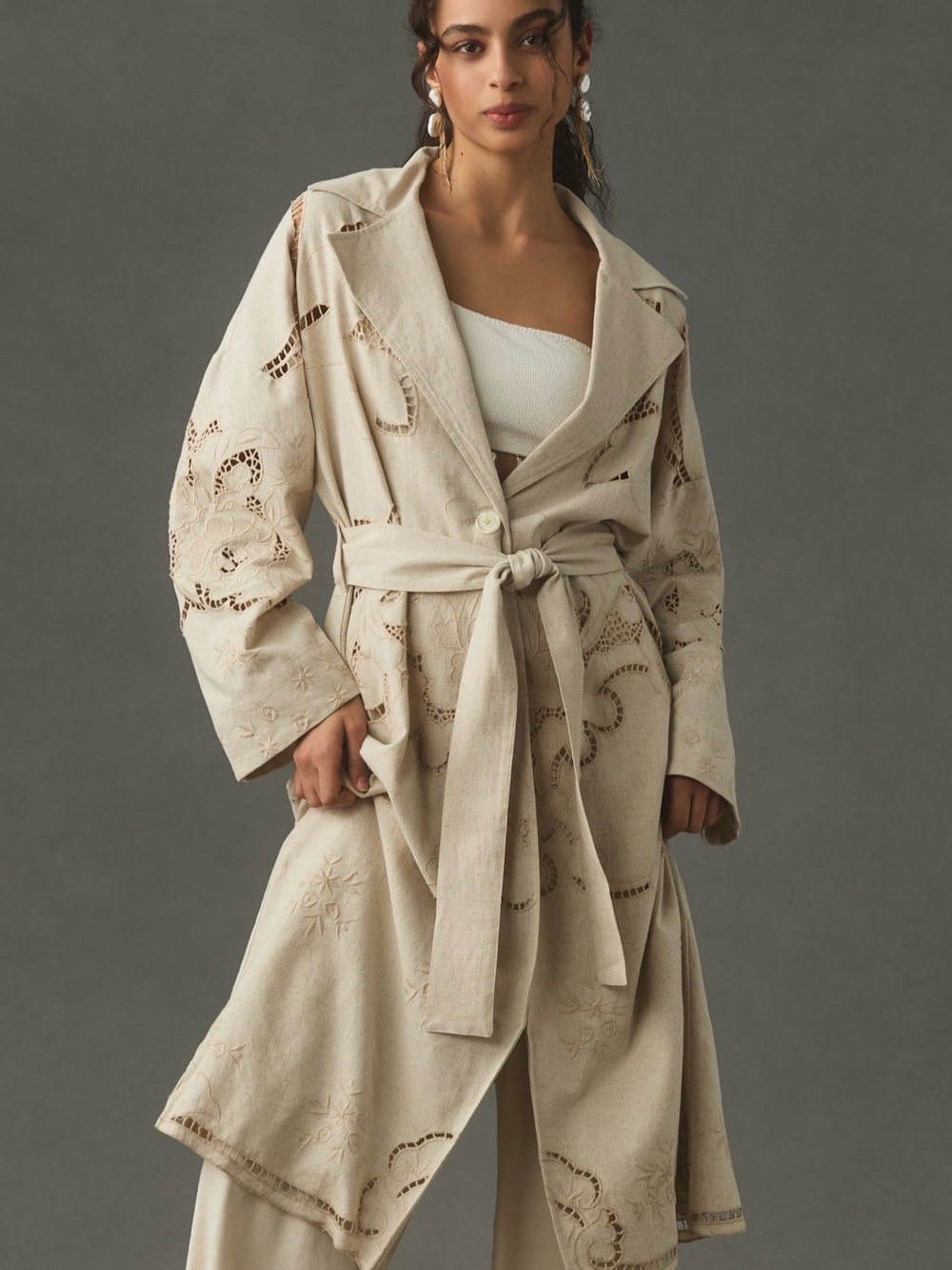 Anthropologie Avec Les Filles Cutwork Linen  Trench Coat/Duster Size Large NWT - Picture 2 of 12